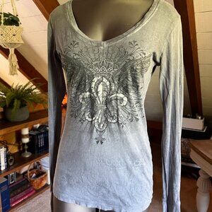 S - Stranded Gray Fleur de Lis Graphic Tee with Rhinestone Accents